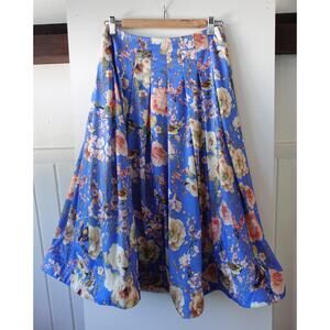Gracia Skirt Womens Small Blue Floral Pleated Full Midi A Line Bird Print Chic